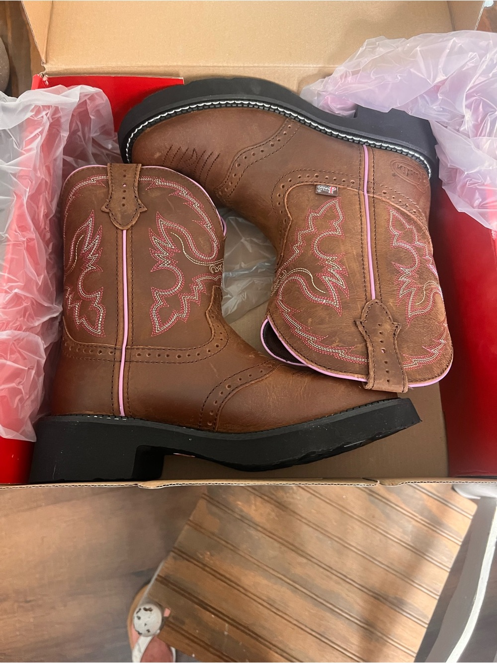 Justin Boots Brown Ankle Western Boots with Pink Trim